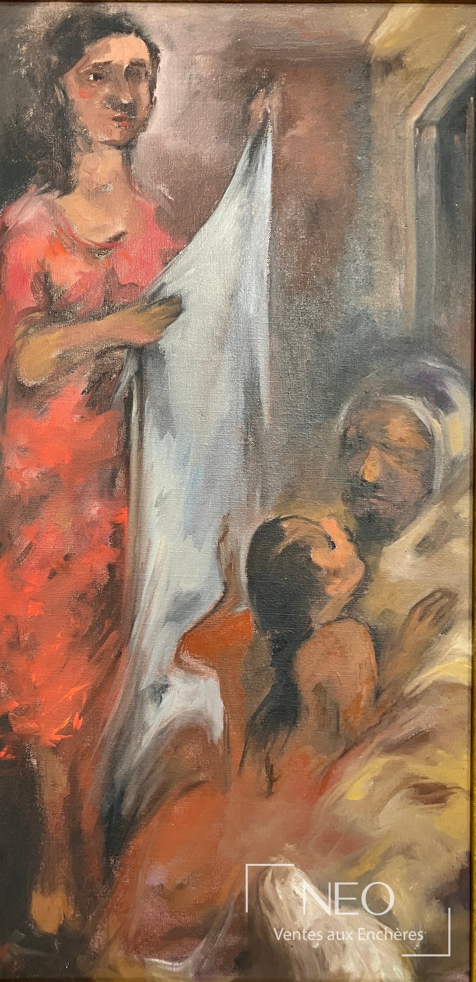 Gurcharan Singh, scène d’intérieur, huile sur toile