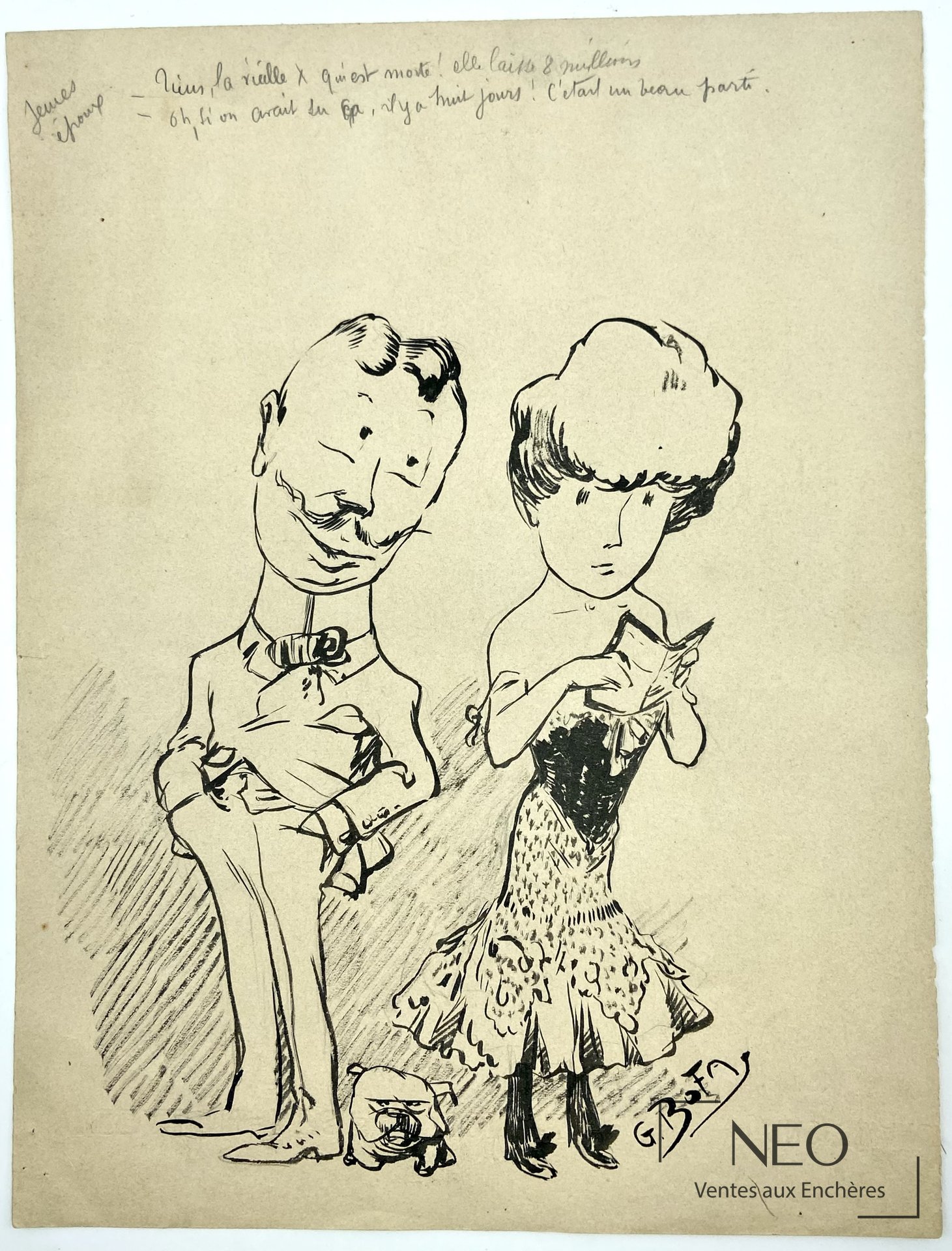 Dessin à l’encre sur papier représentant un couple de jeunes époux