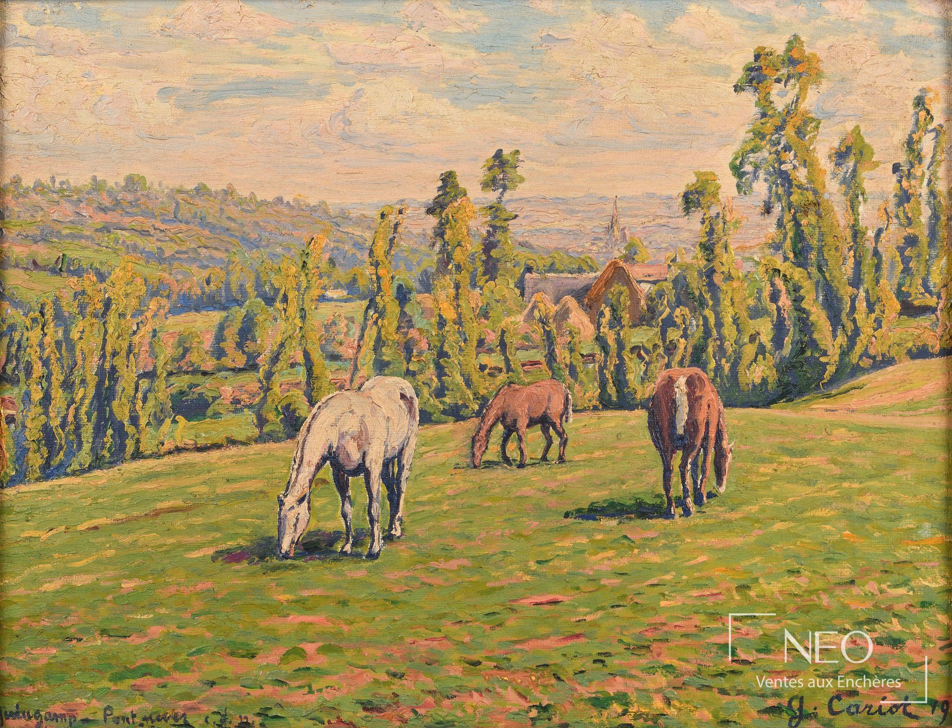 Paysage pastoral de Gustave Cariot avec trois chevaux au pâturage sous un ciel lumineux