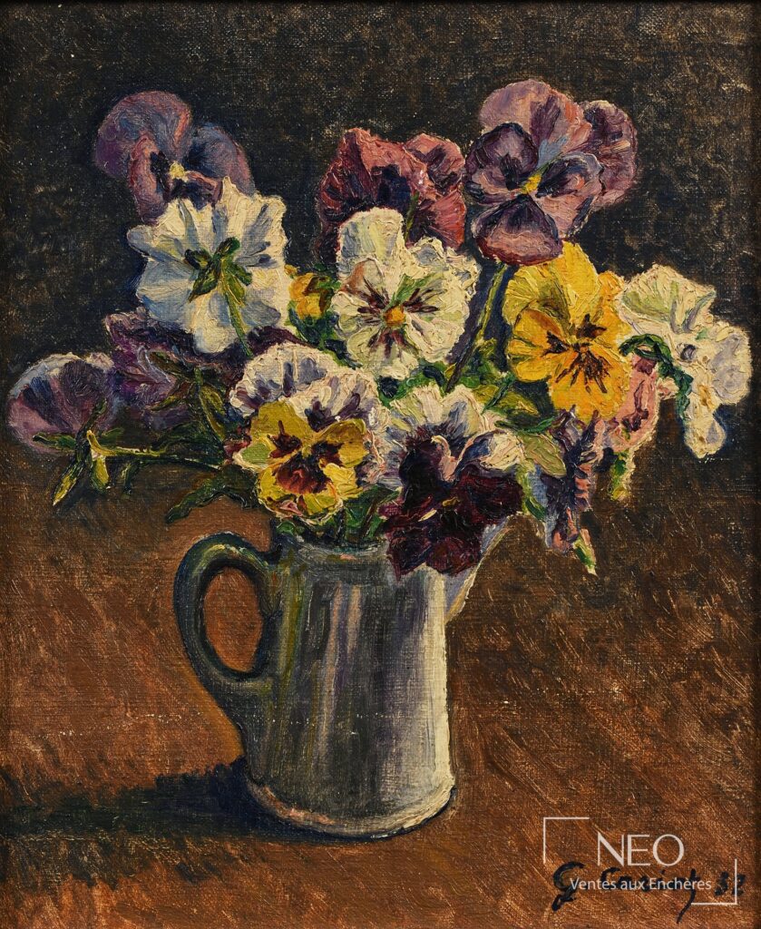 Nature morte aux pensées dans un pichet