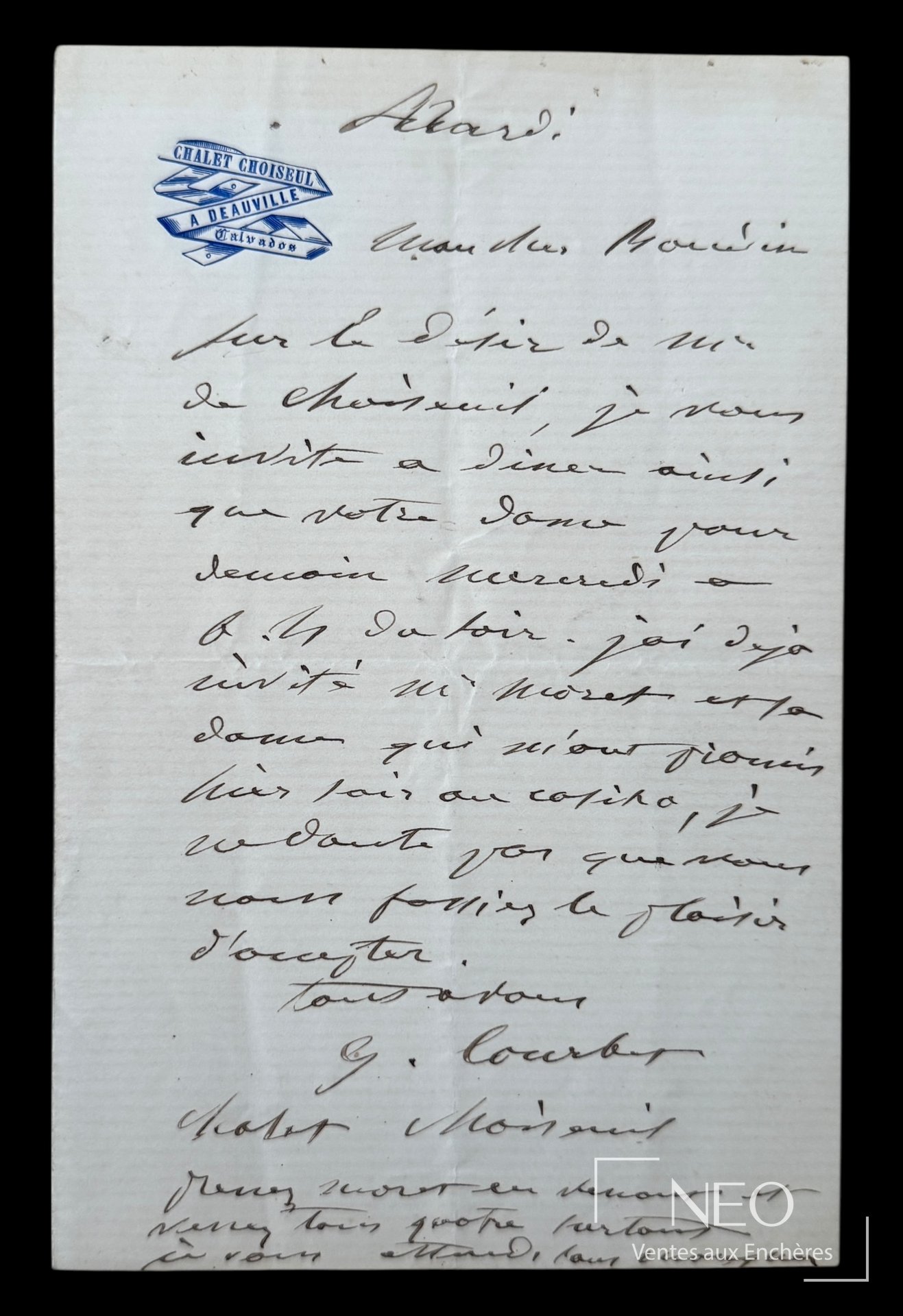 Gustave Courbet, lettre autographe signée sur papier à en-tête du Chalet Choiseul