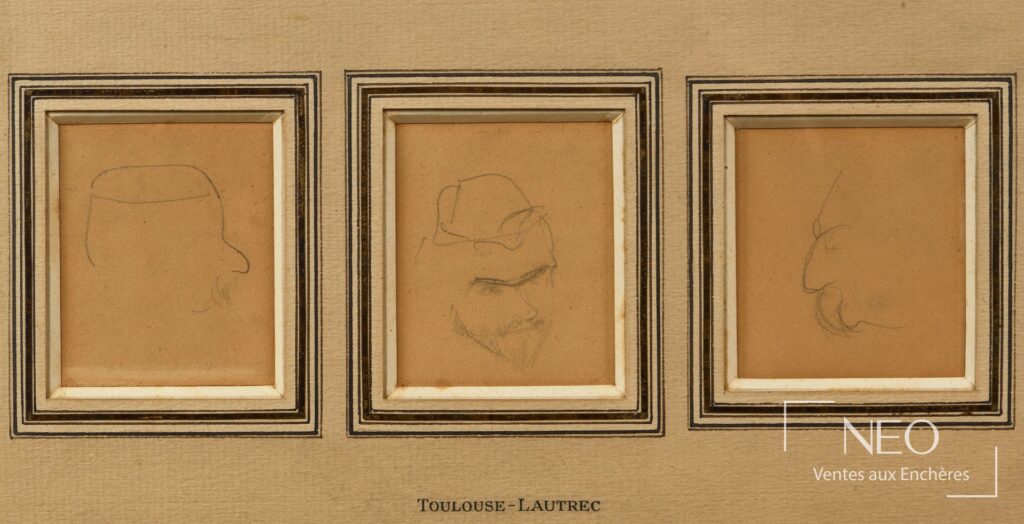 Trois études de personnages de Henri de Toulouse-Lautrec dans un même encadrement