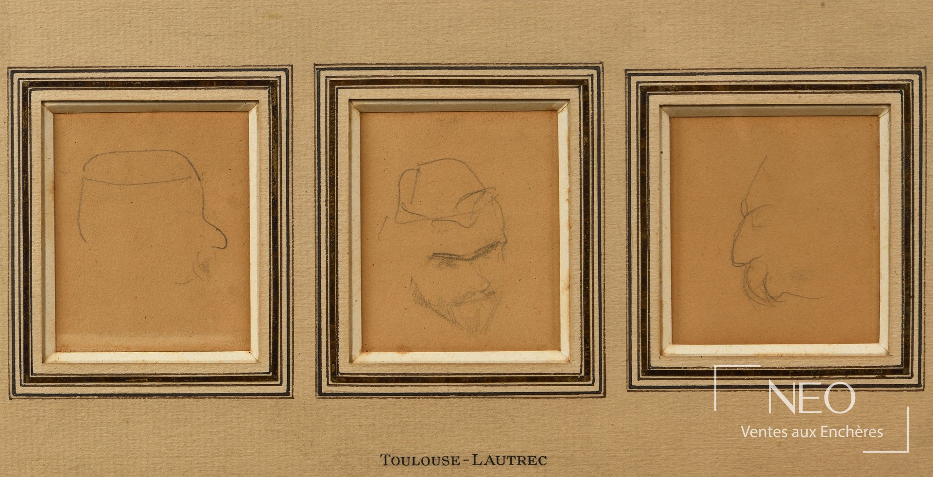 Trois études au crayon de personnages sous un encadrement triptyque signé Toulouse-Lautrec