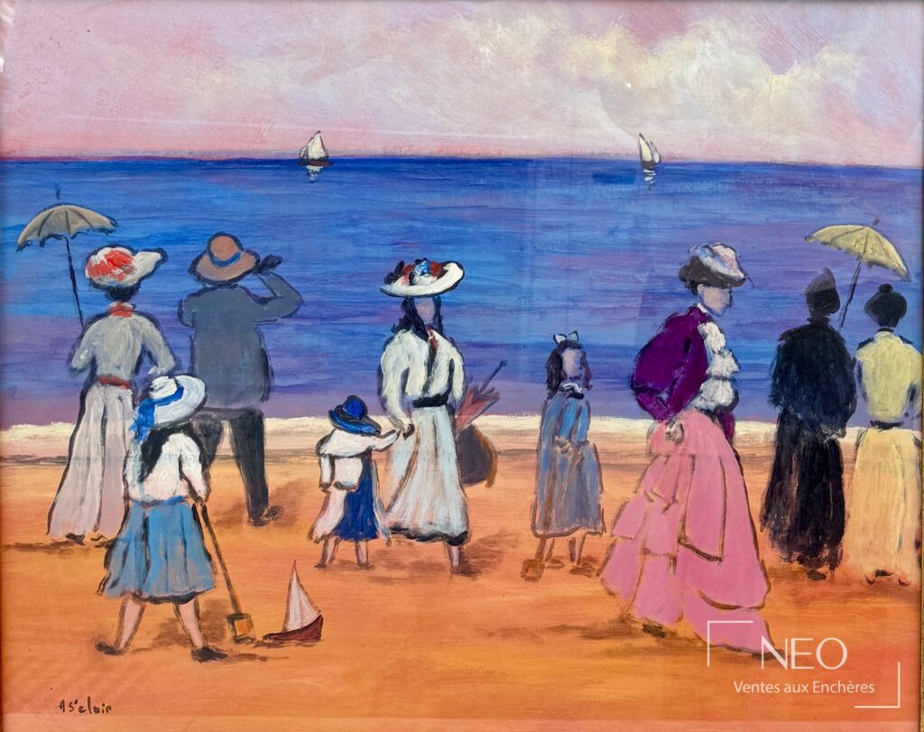 Peinture de plage signée Henry Saint Clair avec familles au bord de l'eau et voiliers au loin