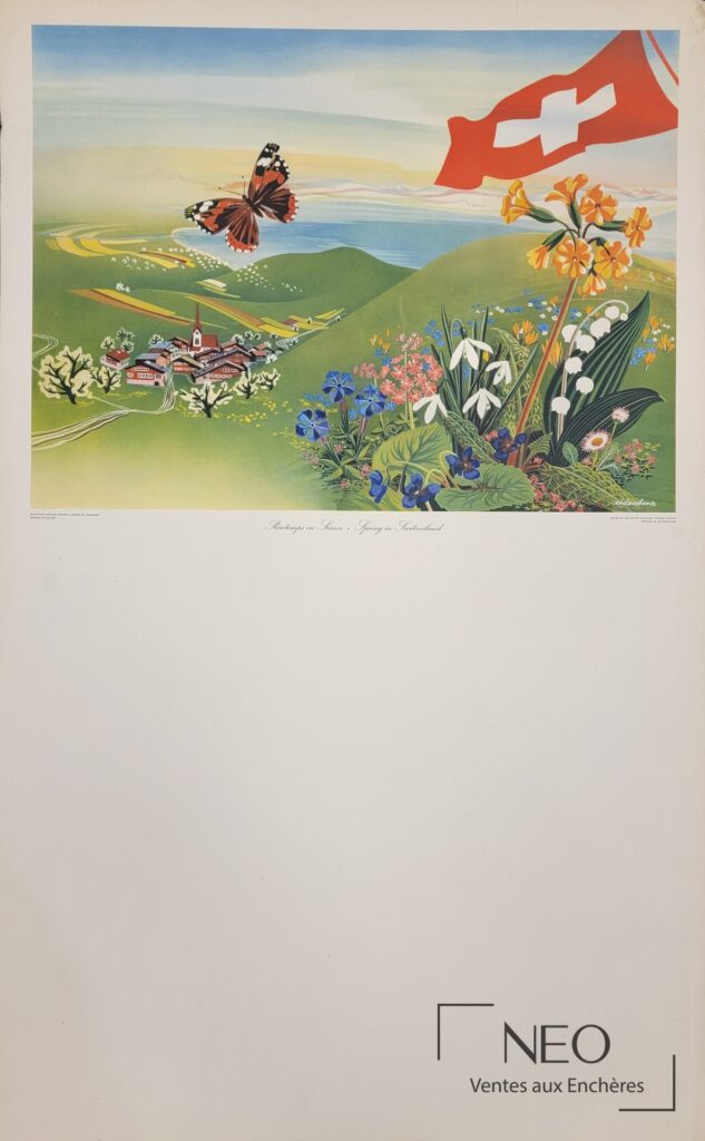 Affiche en couleurs montrant un paysage suisse printanier avec drapeau