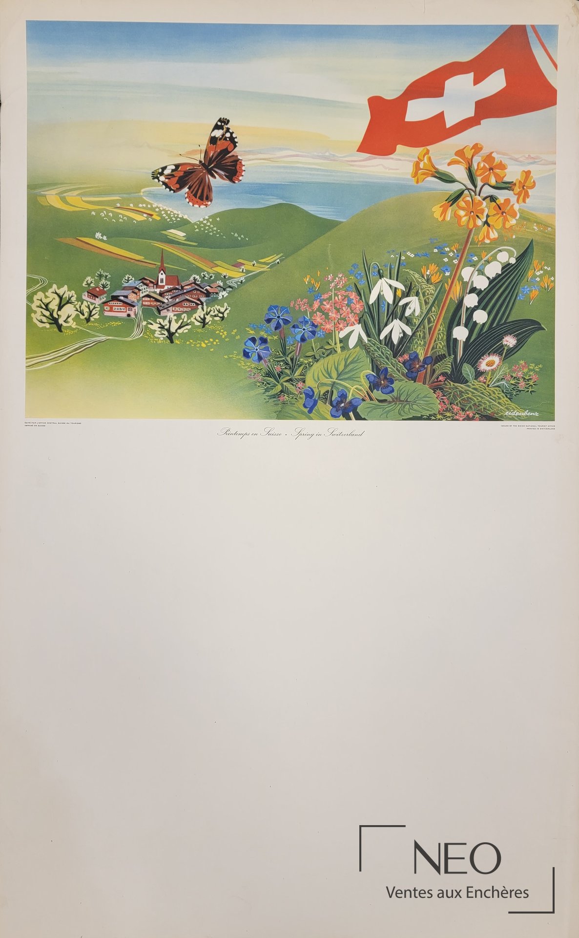 Affiche en couleurs montrant un paysage suisse printanier avec drapeau