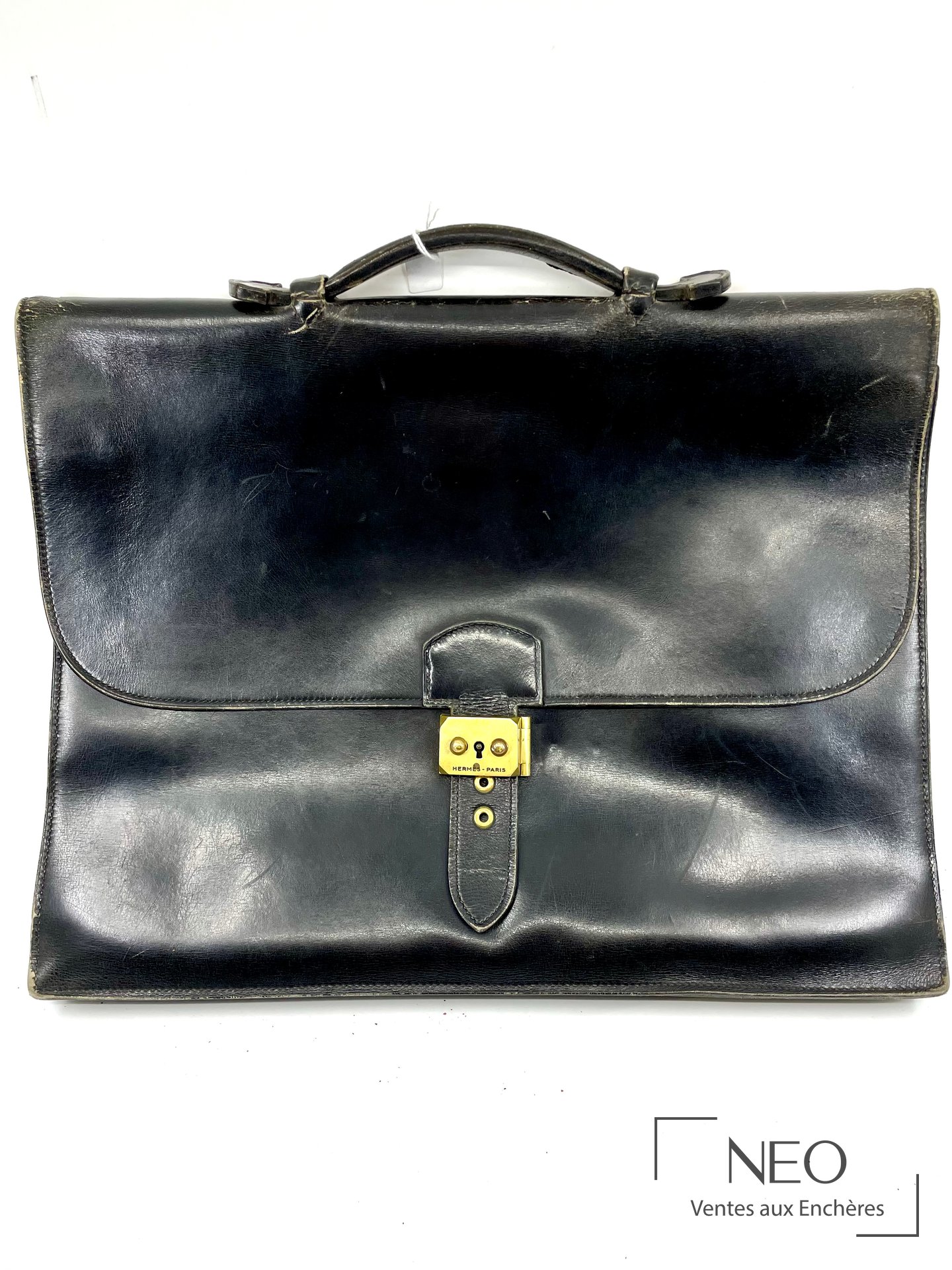 Sac à dépêche Hermès Paris en cuir noir lisse
