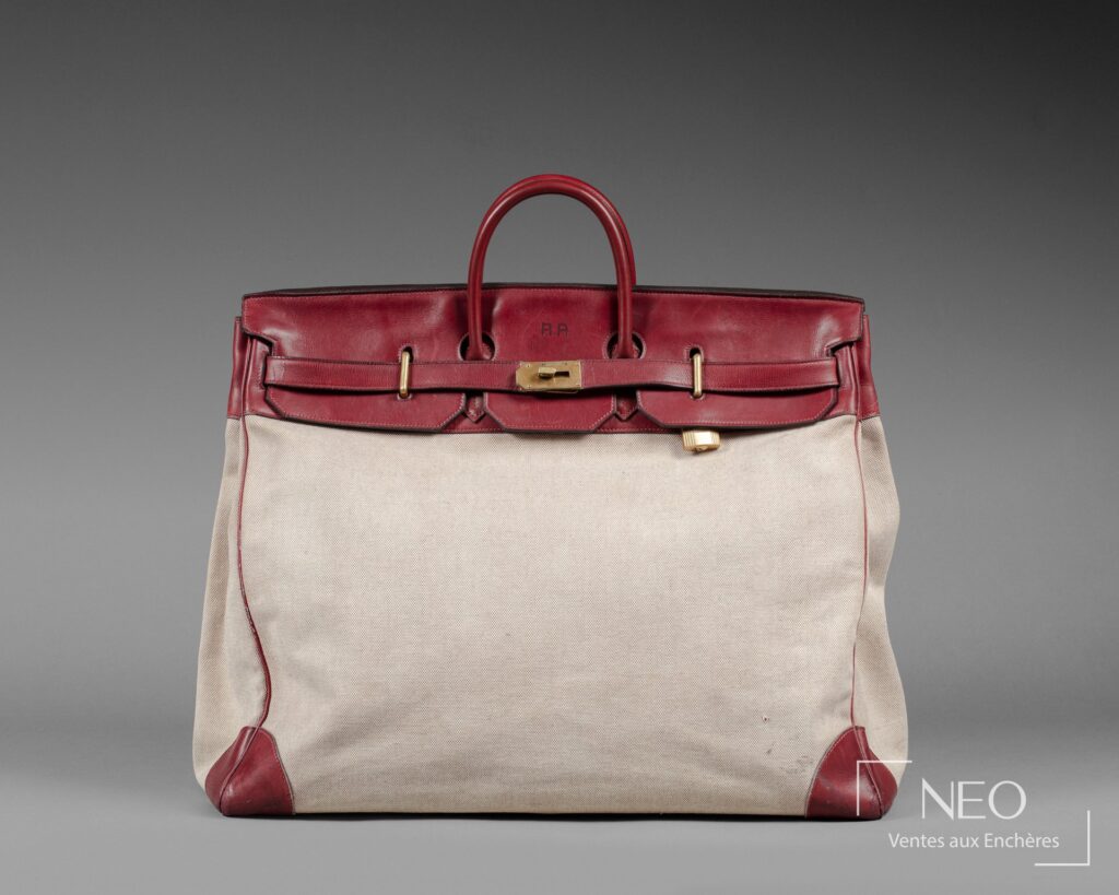 Sac HERMÈS haut à courroie en toile H beige et cuir bordeau