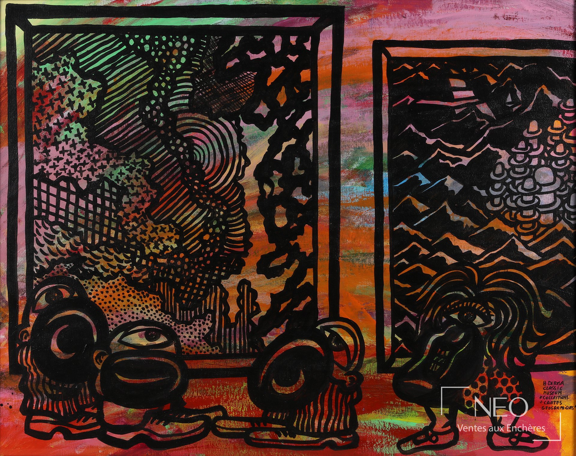 Acrylique sur toile colorée de Hervé Di Rosa représentant une composition graphique en deux panneaux