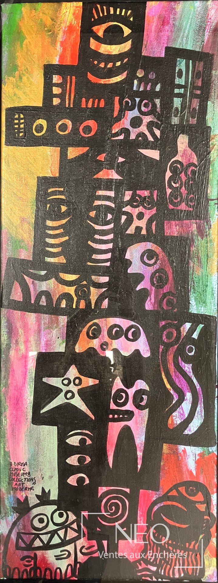 Acrylique sur toile aux motifs géométriques noirs et couleurs vives
