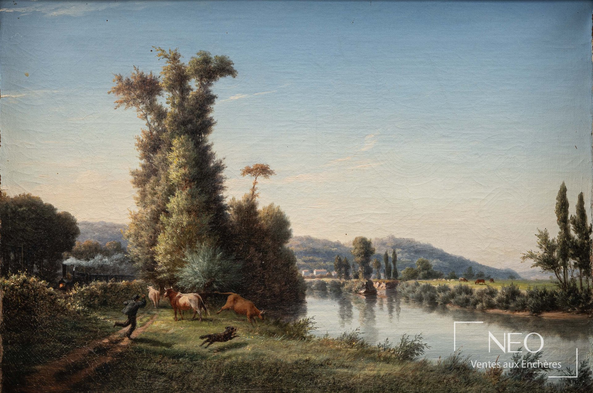 Paysage animé avec vaches près d'une rivière et un train au loin