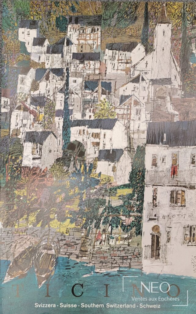 Affiche colorée représentant un village de montagne avec maisons blanches et toits sombres