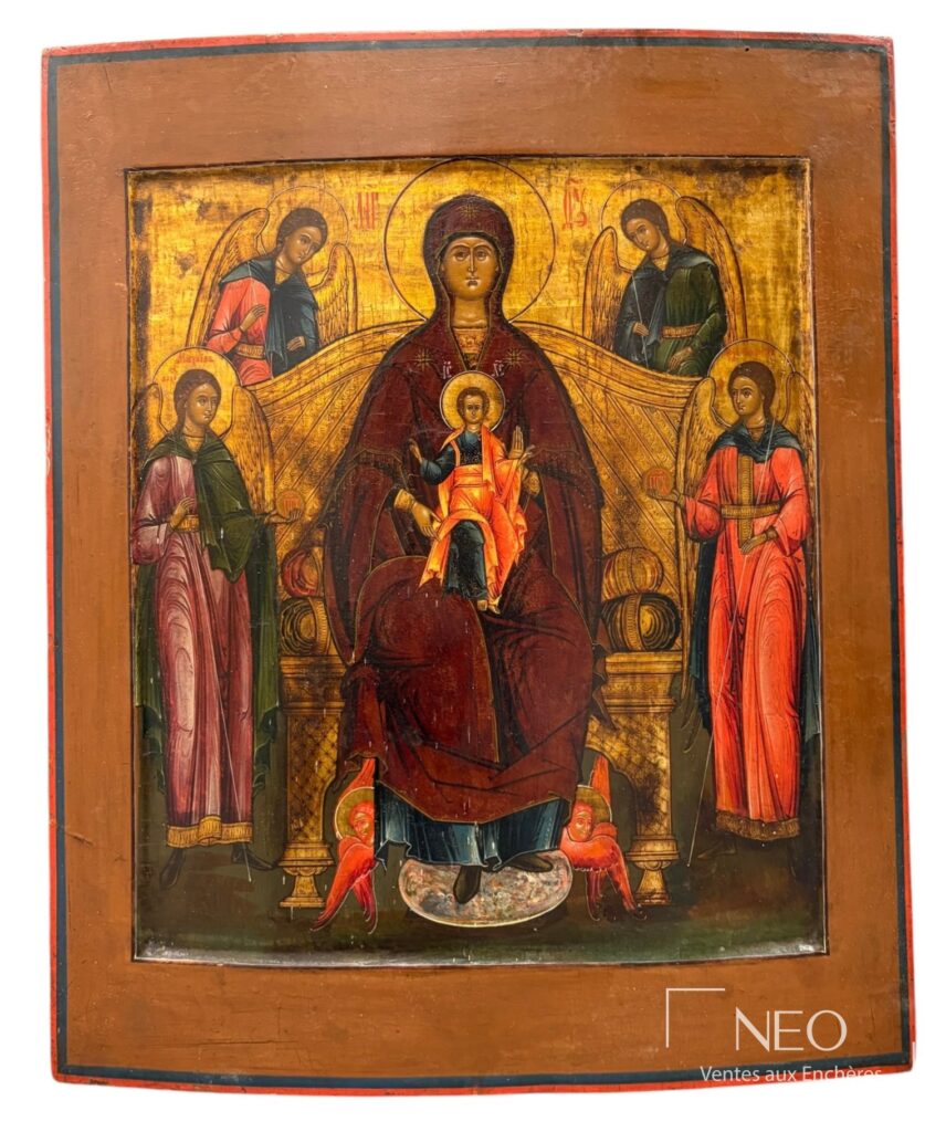 Icône russe représentant la Vierge de Vladimir entourée de cinq saints auréolés