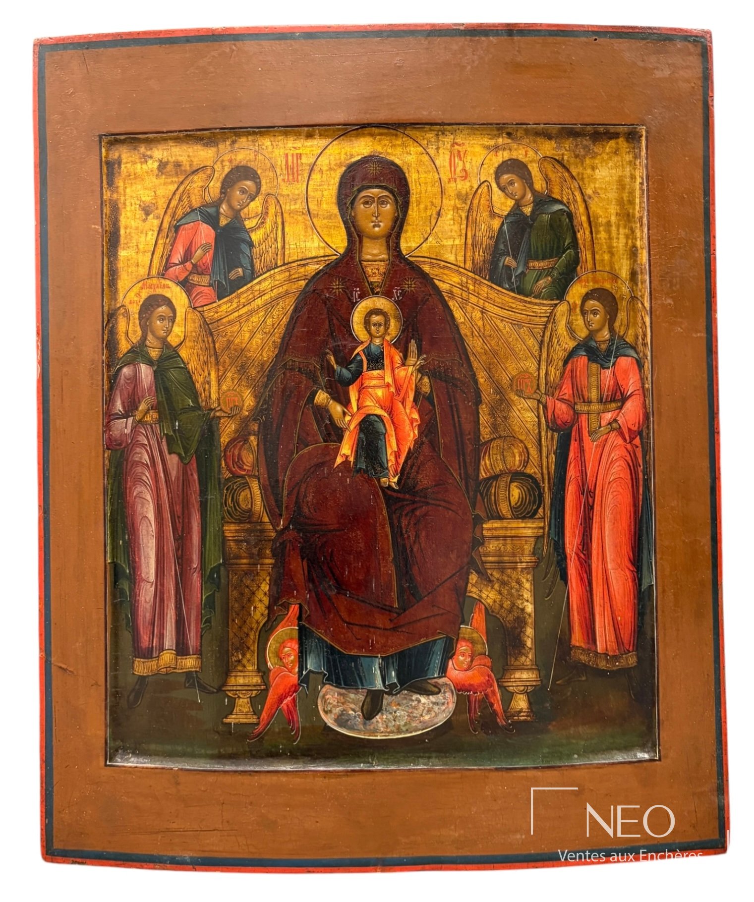 Icône russe représentant la Vierge de Vladimir entourée de cinq saints auréolés