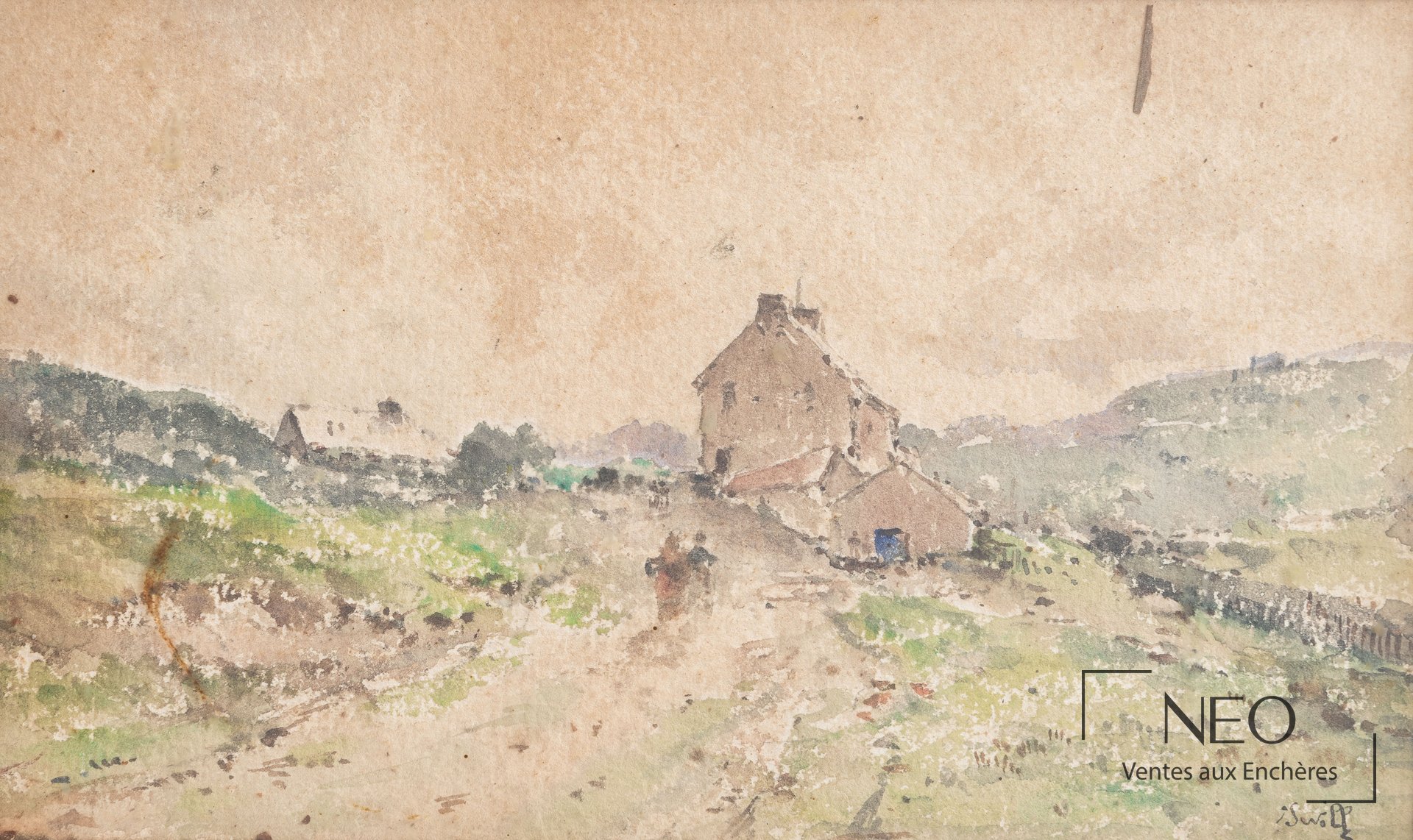 Aquarelle représentant une ferme dans les montagnes avec une signature en bas à droite