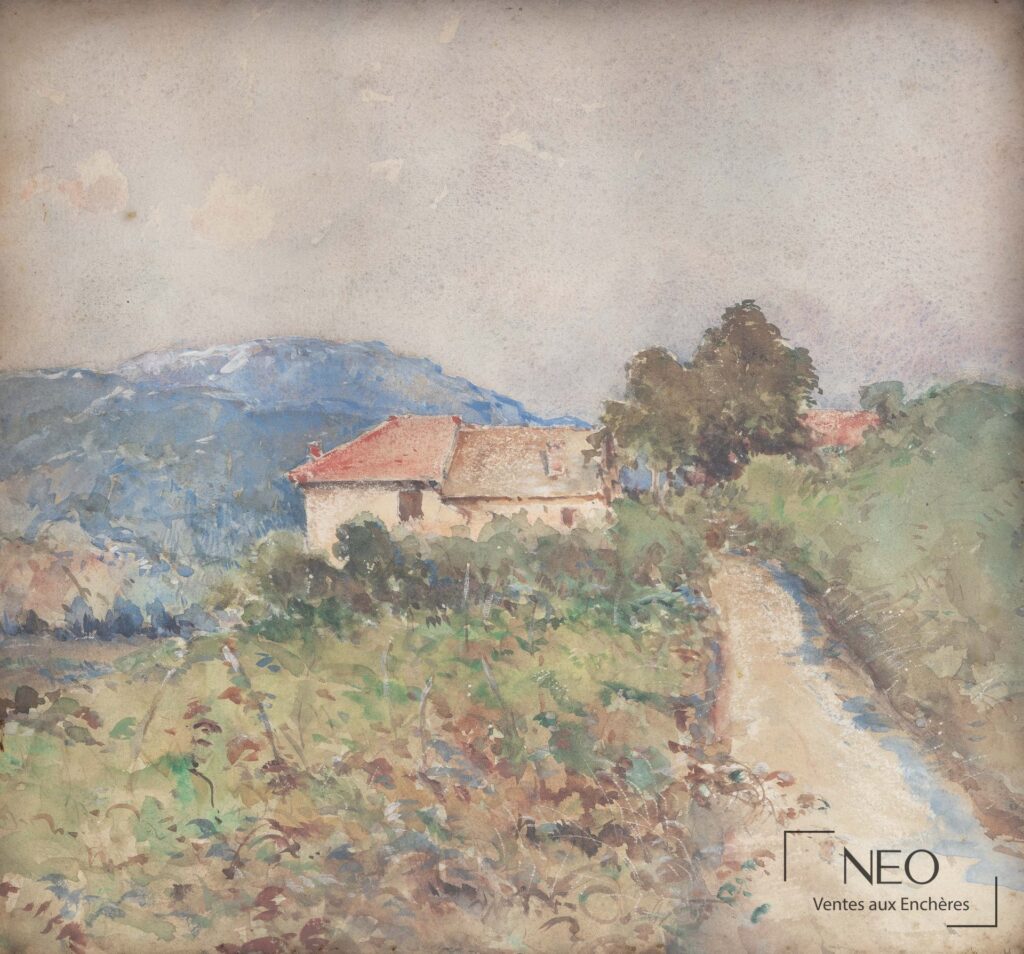 Aquarelle de paysage avec ferme