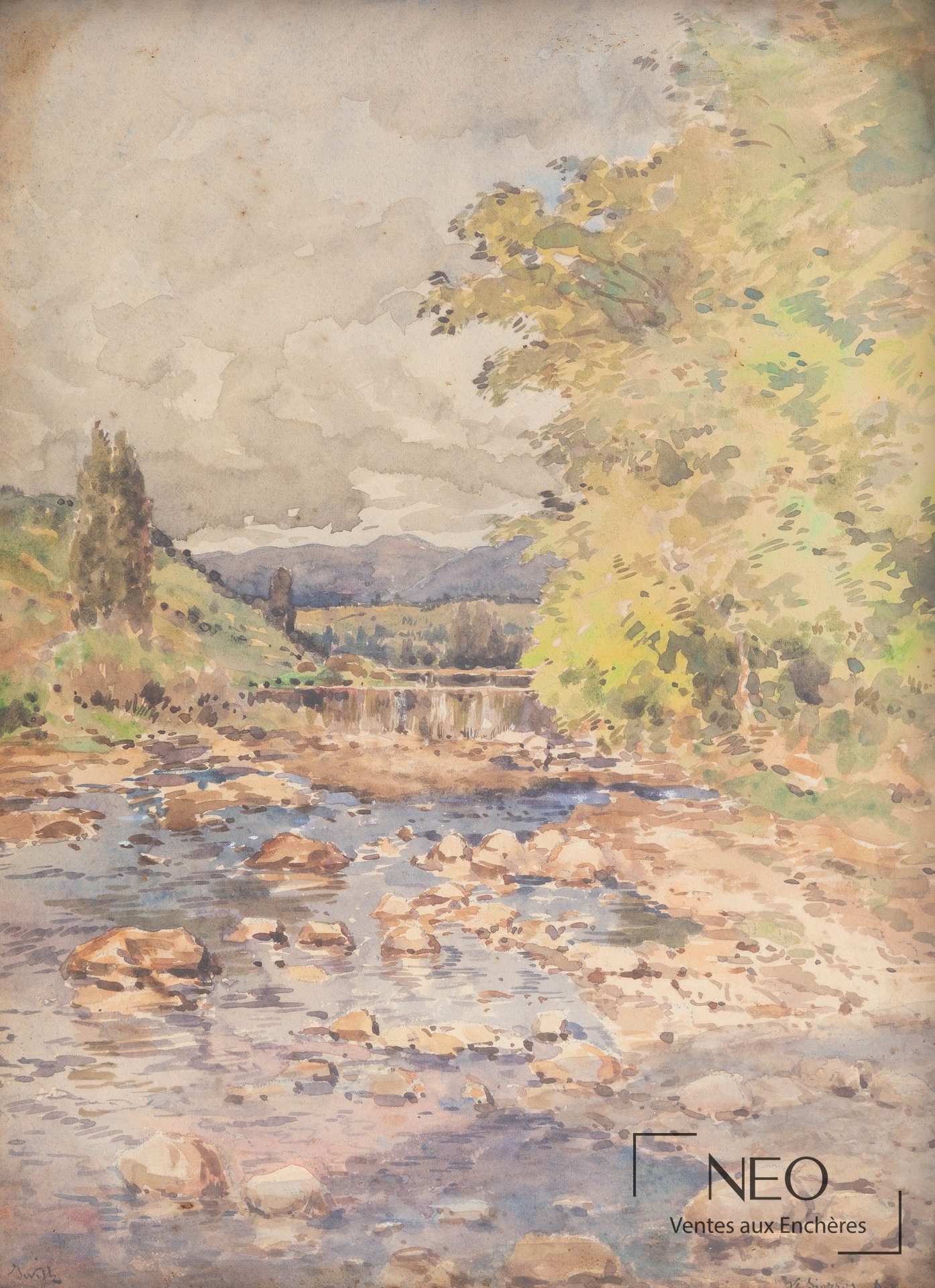 Aquarelle représentant une rivière avec arbre au premier plan et montagnes au loin