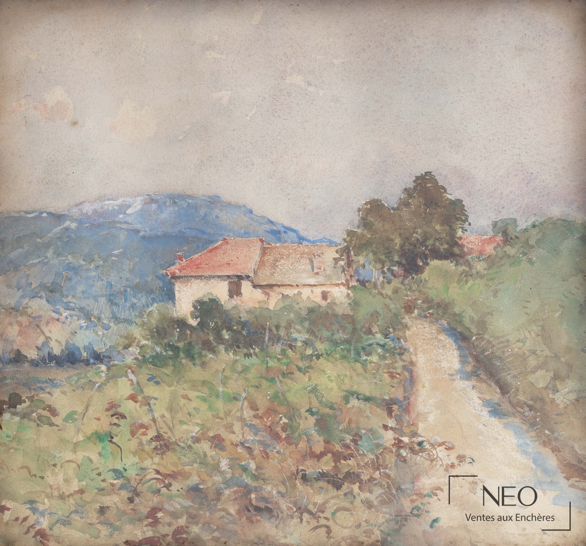 Aquarelle d'un paysage rural avec maison