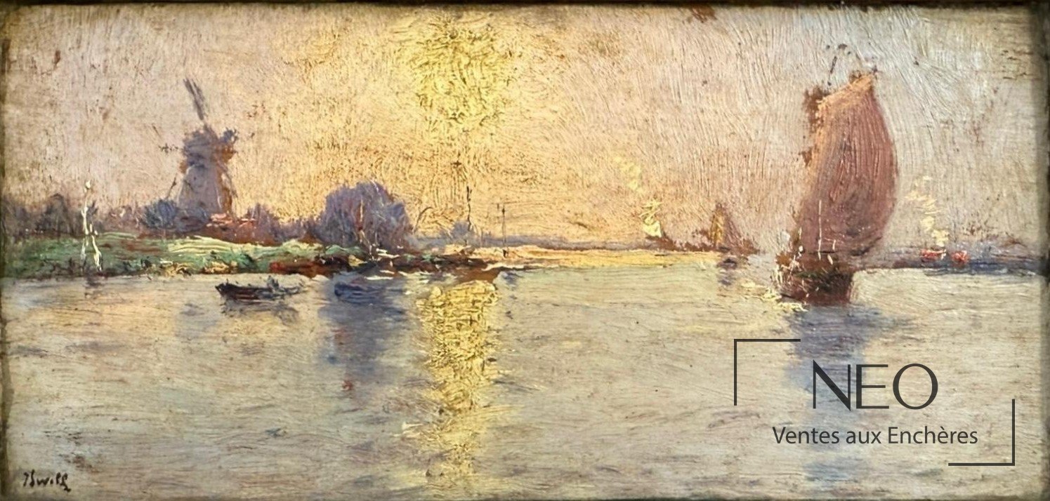 Huile sur panneau représentant un bateau et des moulins en Hollande