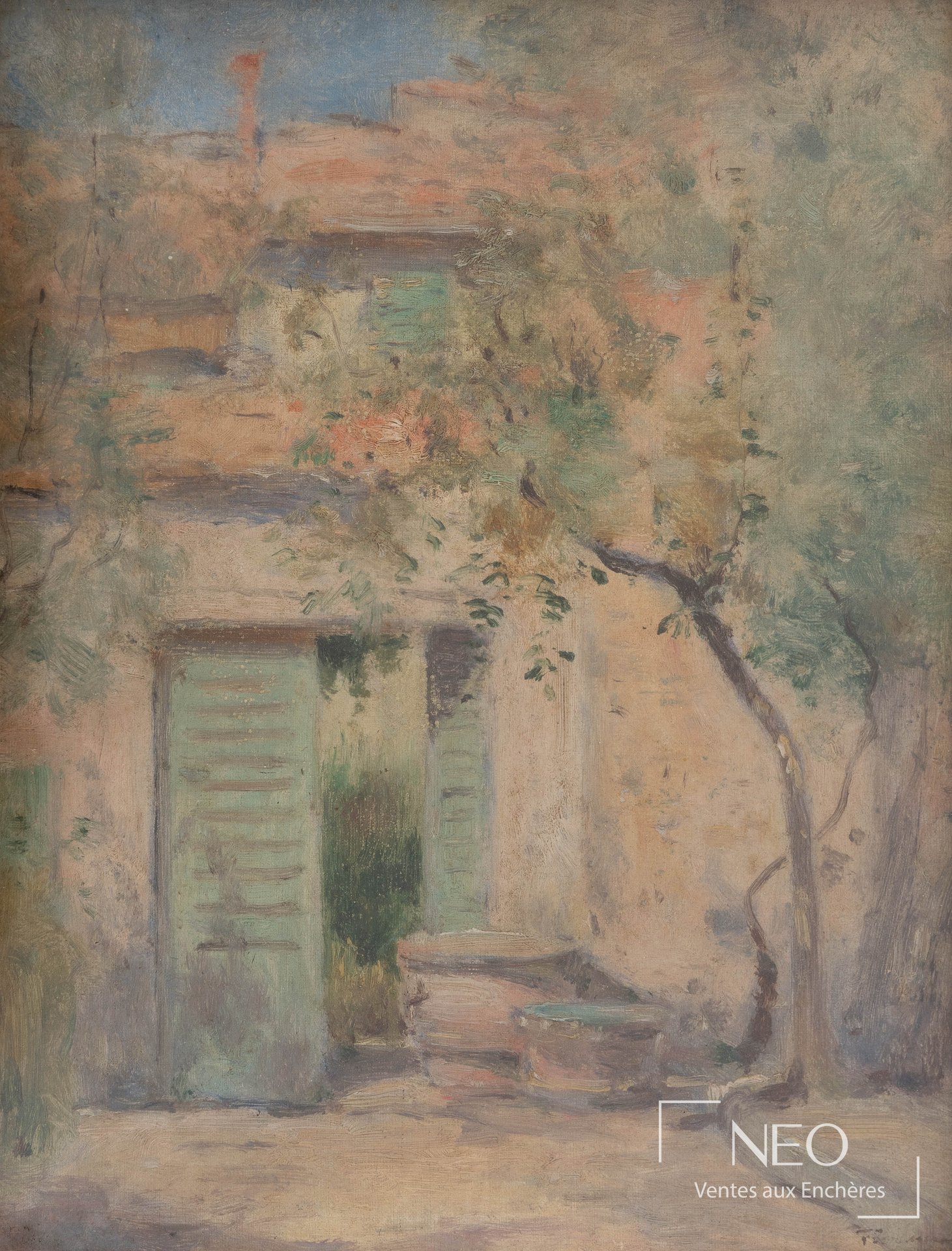 Aquarelle représentant une cour de maison avec façade claire