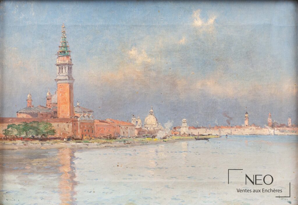 Vue générale d'une huile sur toile représentant San Giorgio Maggiore depuis la lagune