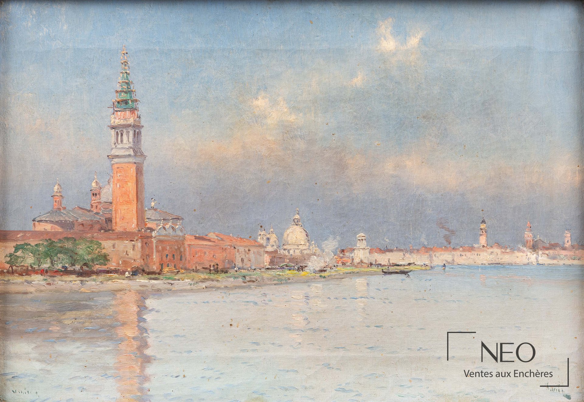 Vue générale d'une huile sur toile représentant San Giorgio Maggiore depuis la lagune