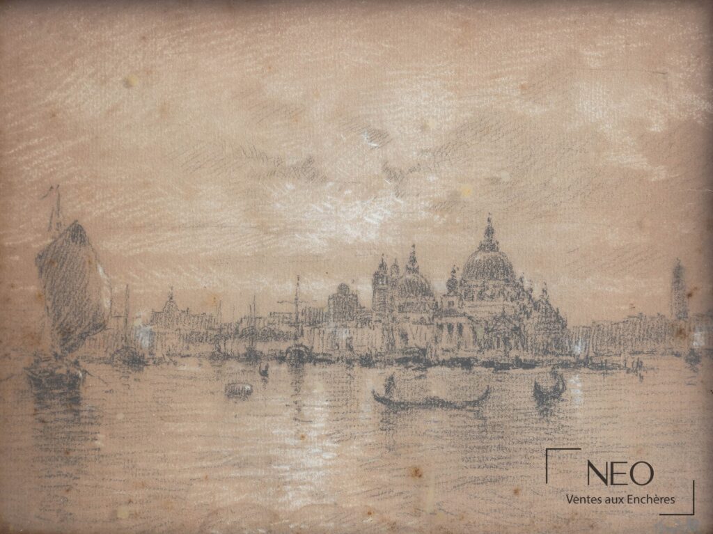 Vue dessinée de la Salute à Venise au fusain et à la craie blanche