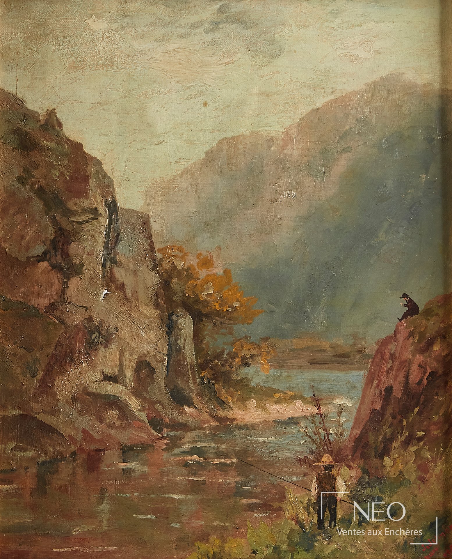 J. Jolinon, scène de pêche dans un paysage montagneux, XXe siècle