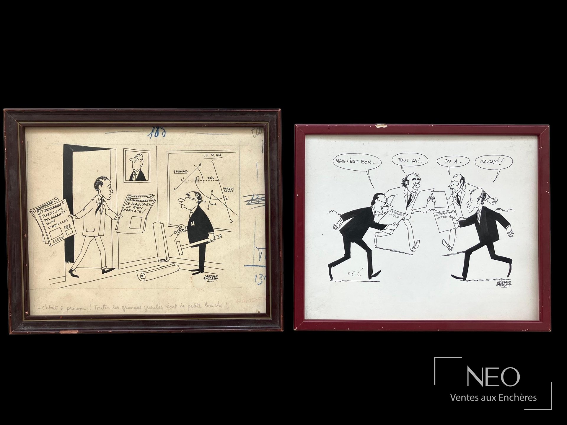 Jacques Faizant, deux dessins au feutre signés, encadrés