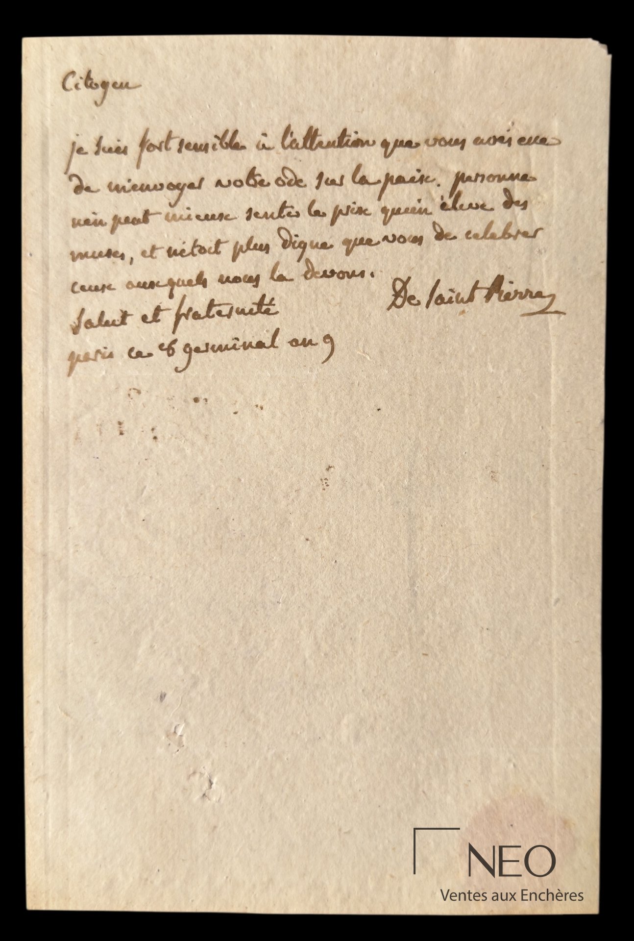 Lettre autographe signée de Jacques-Henri Bernardin de Saint-Pierre, 1801