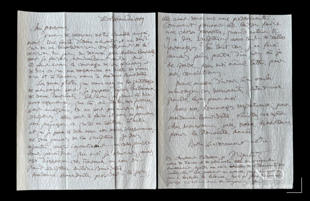 Lettre manuscrite de Jacques Lipchitz sur deux pages avec date autographe en haut