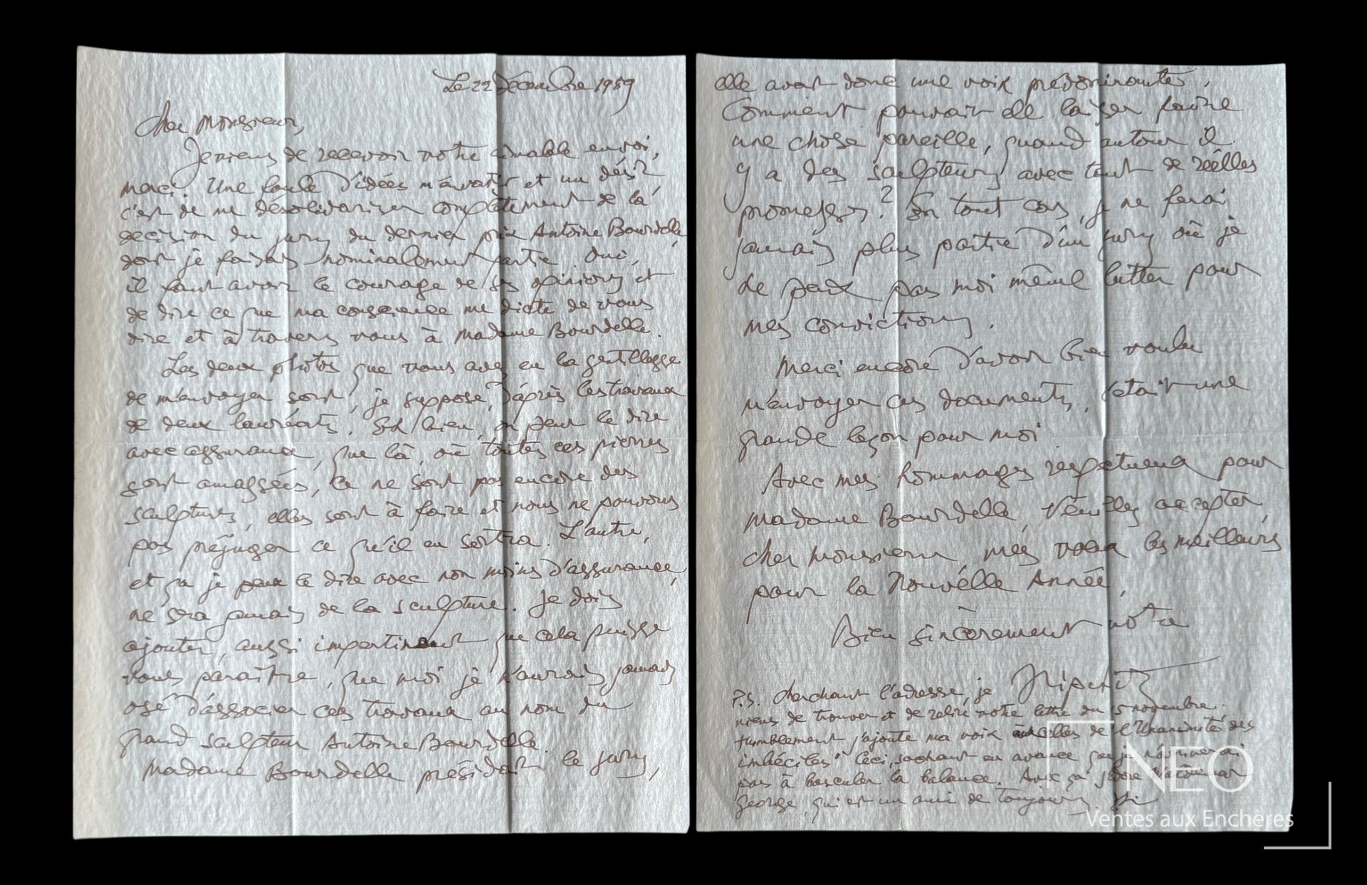 Jacques Lipchitz, lettre autographe signée du 22 décembre 1959