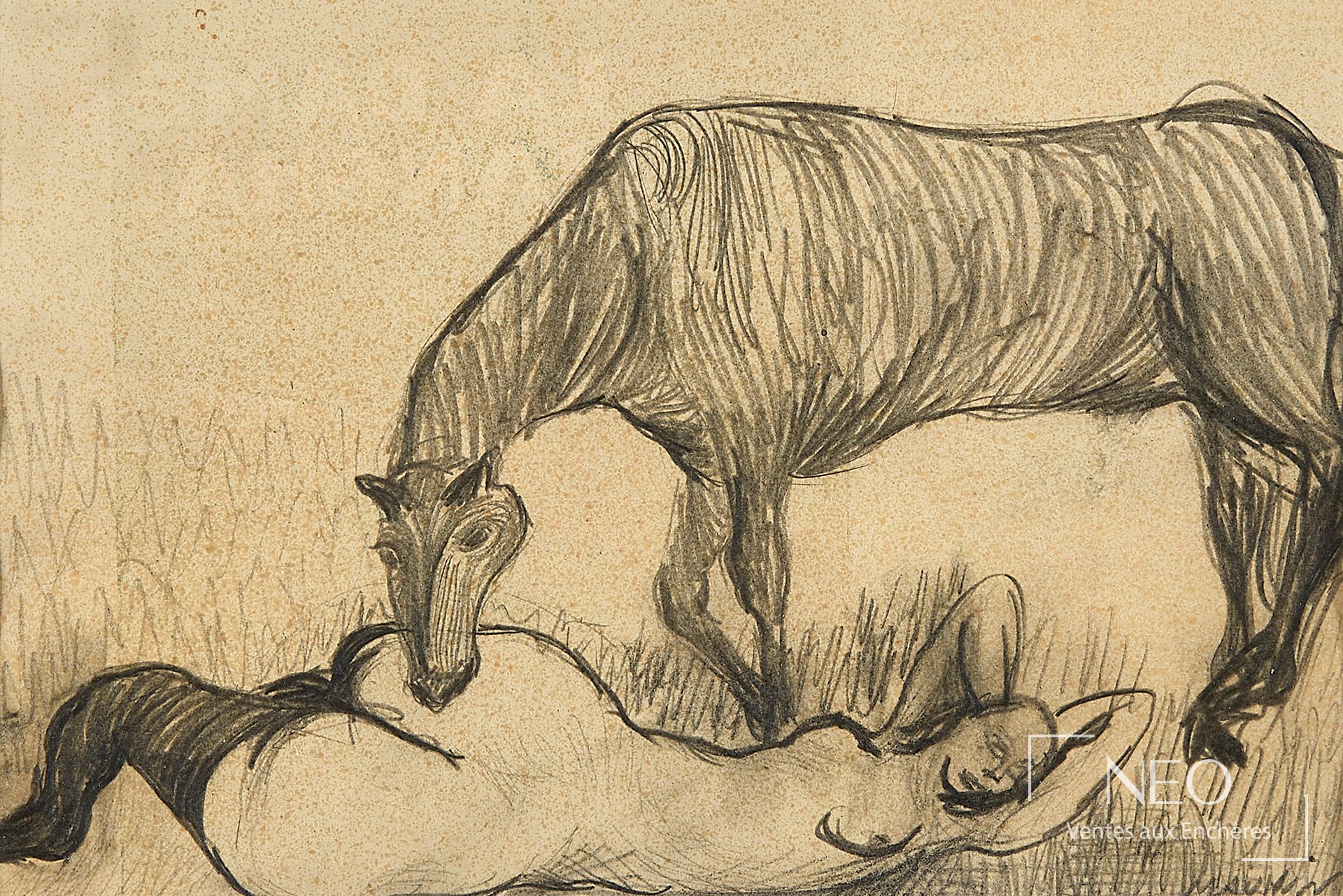 Jacques Mauhin Femme et cheval, crayon sur papier, encadré sous verre