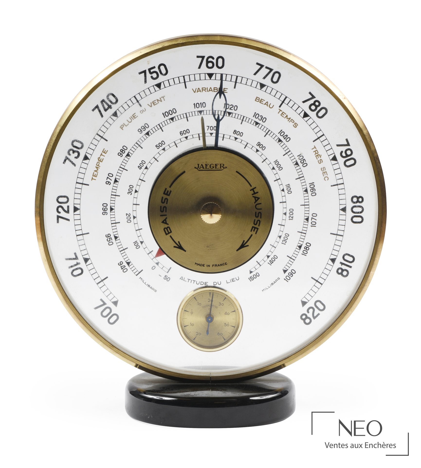 Jaeger LeCoultre Baromètre-thermomètre circulaire à poser en verre et laiton