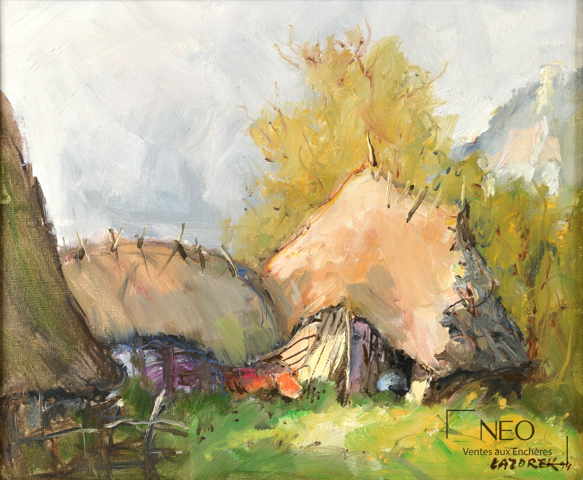 Paysage aux chaumières de Jan Tanislaw Lazorek