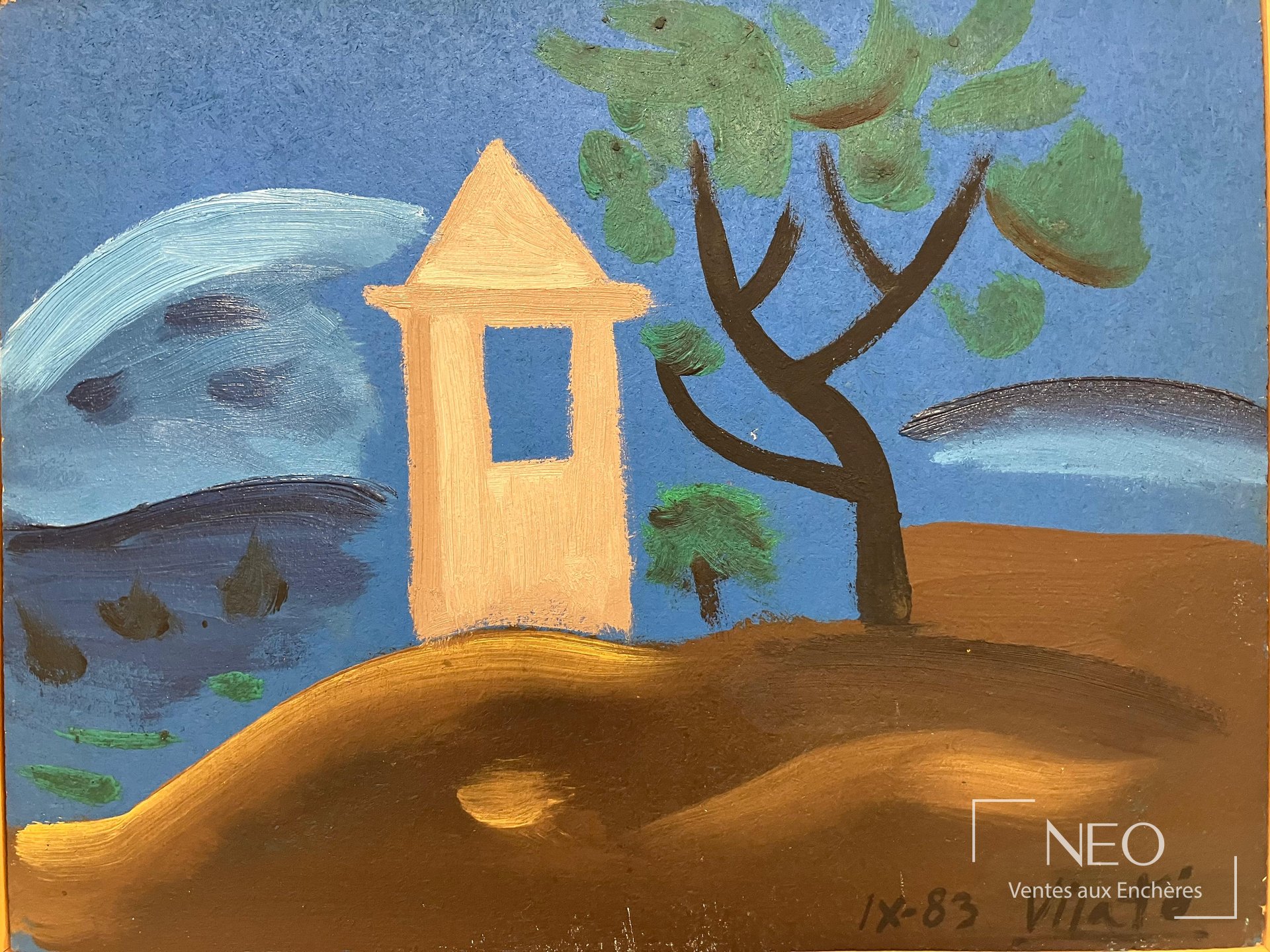 Peinture colorée représentant un paysage stylisé avec arbre