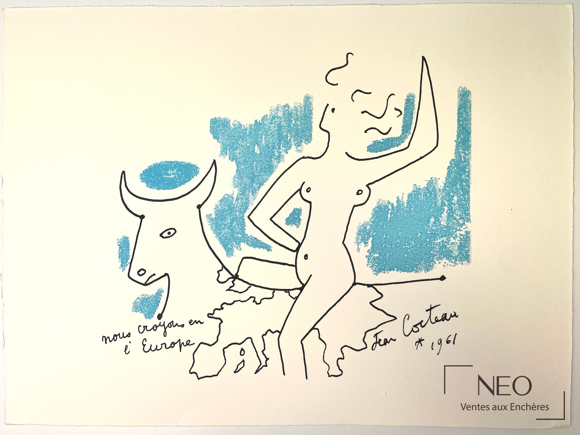 D&rsquo;après Jean Cocteau, Nous croyons en l&rsquo;Europe, lithographie en couleurs