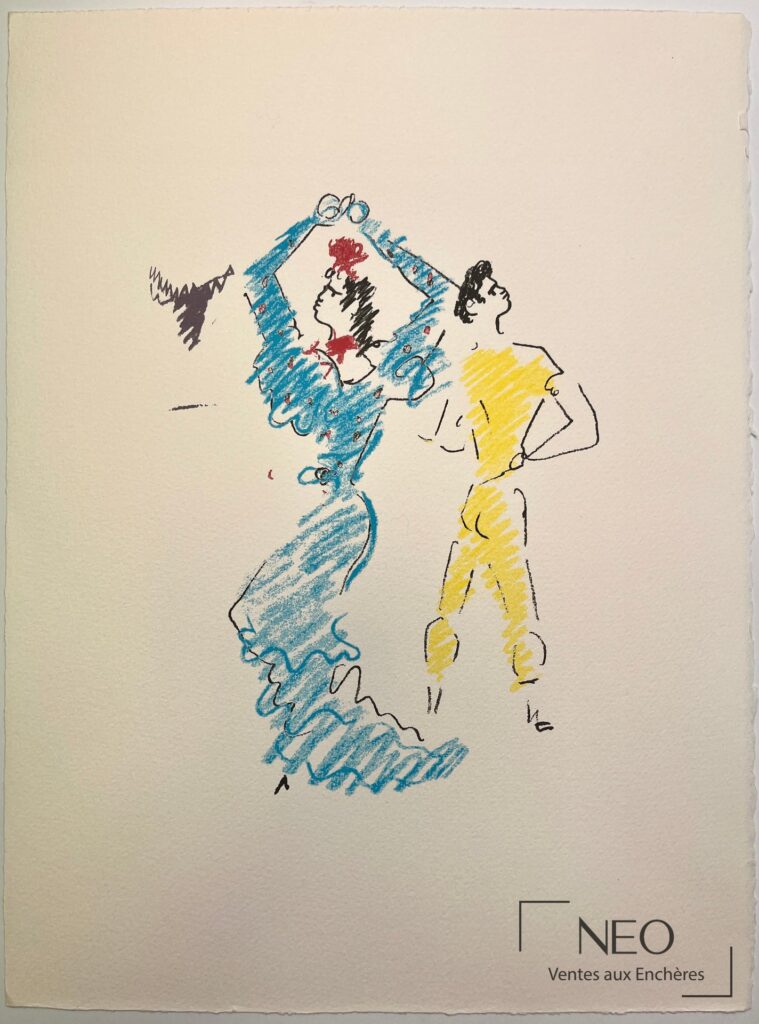 Lithographie en couleurs représentant deux danseurs