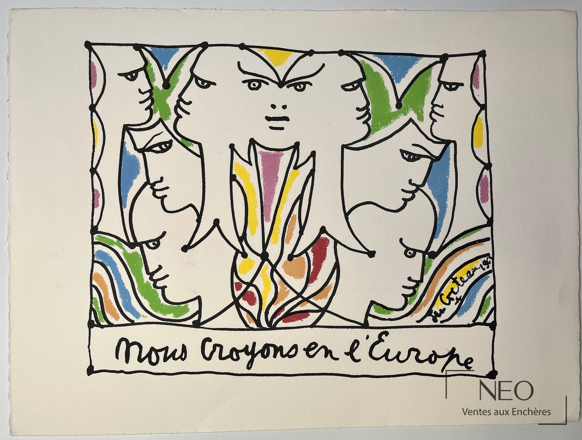 Jean Cocteau, Nous croyons en l&rsquo;Europe, lithographie en couleurs