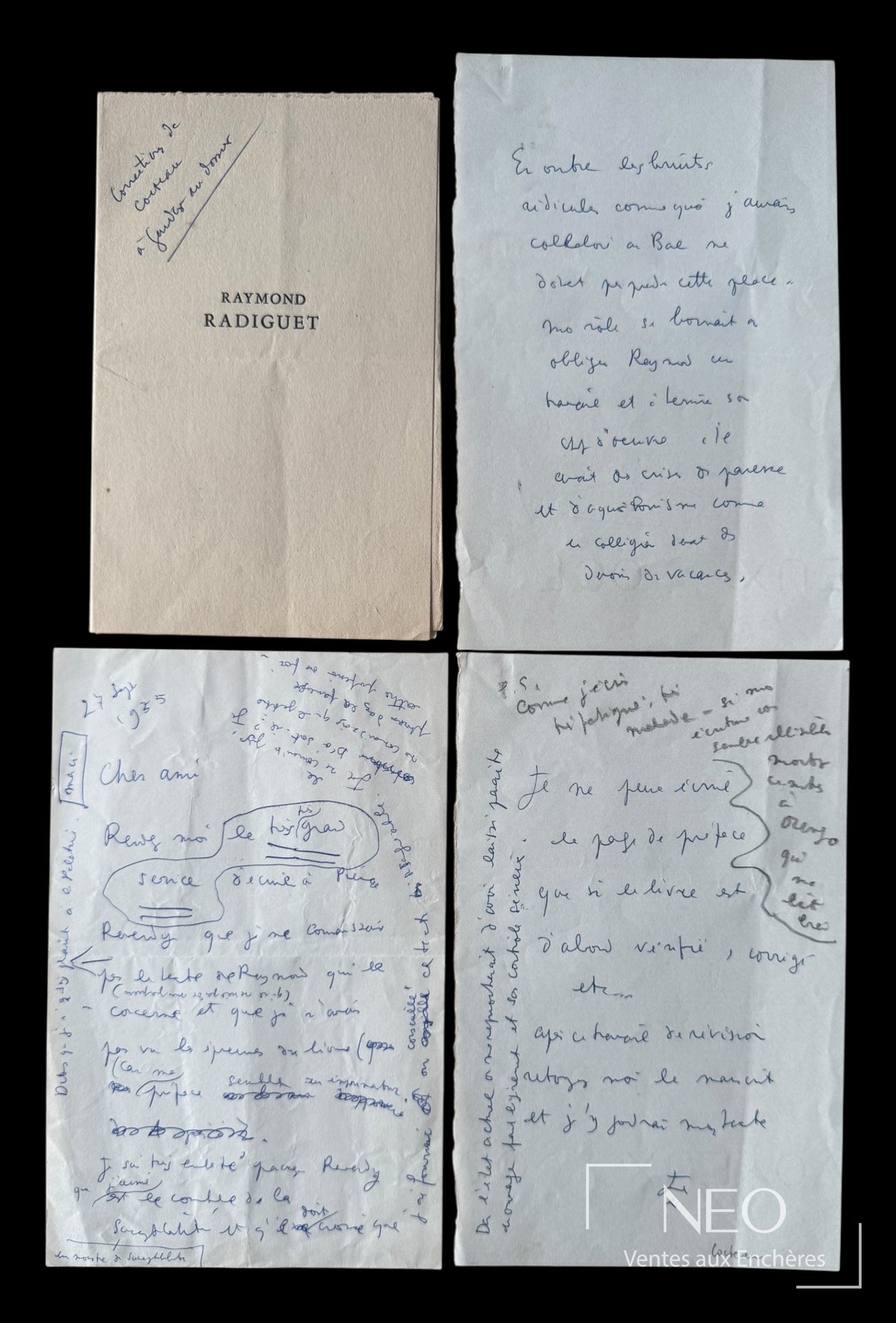 Jean Cocteau, épreuves corrigées et lettres autographes sur Raymond Radiguet