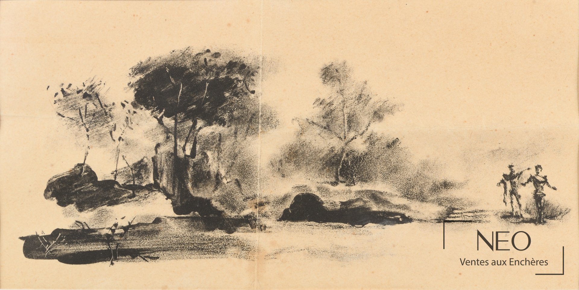 Paysage animé à l'encre sur papier