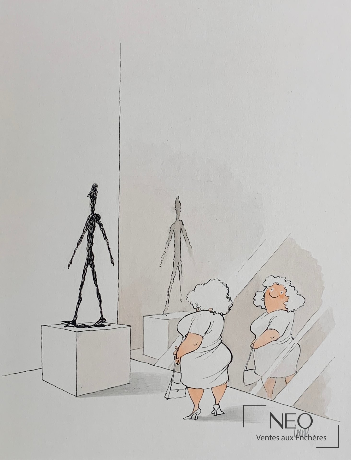 Jean Jacques Loup Hommage à Alberto Giacometti, dessin à l’encre et aquarelle