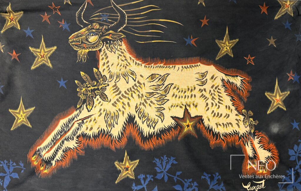 Tapisserie de Jean Lurçat représentant un bouc sous un ciel d'étoiles