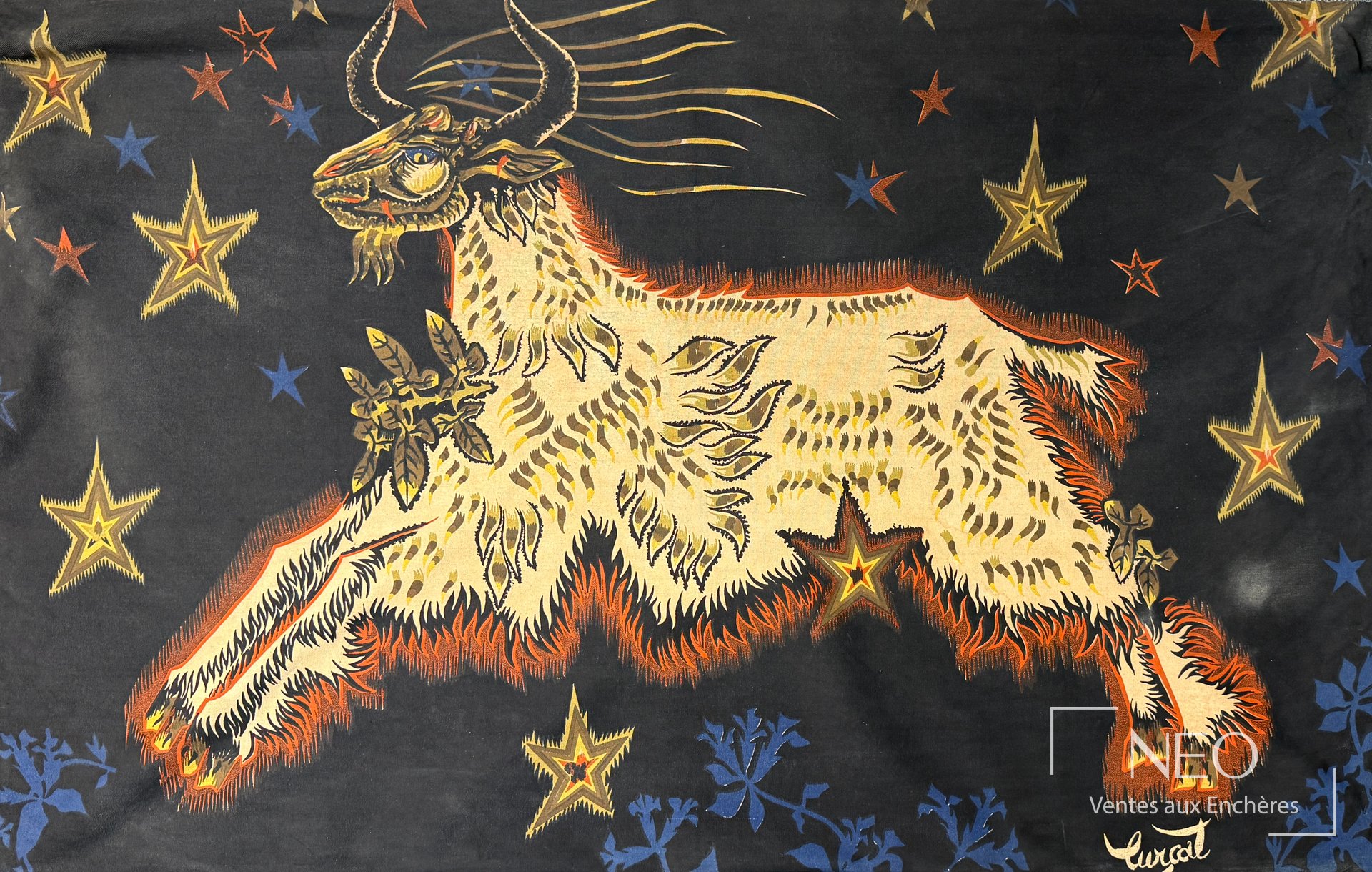 Tapisserie de Jean Lurçat représentant un bouc sous un ciel d'étoiles