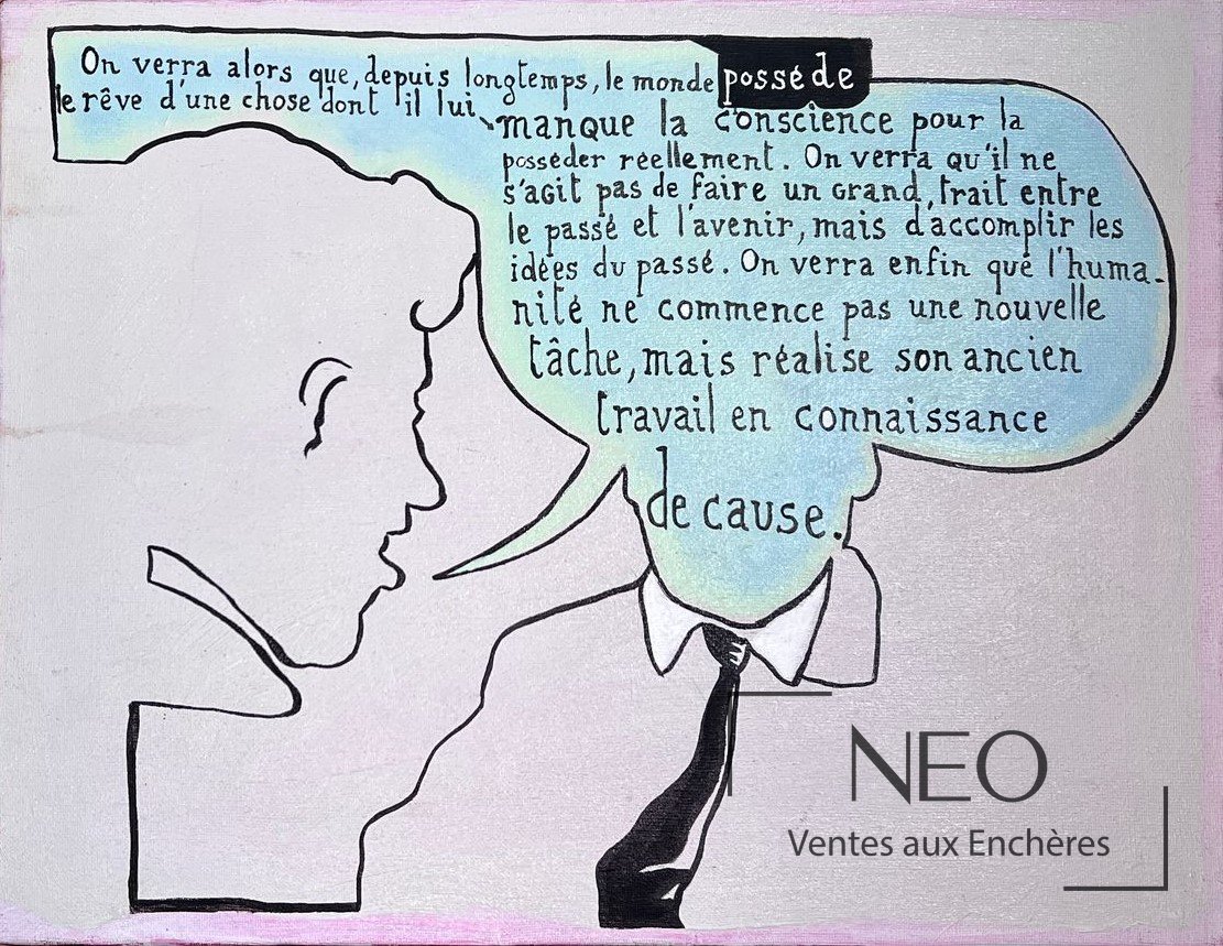Tableau de Jean-Michel Alberola avec profil dessiné et grand texte manuscrit dans une bulle bleue