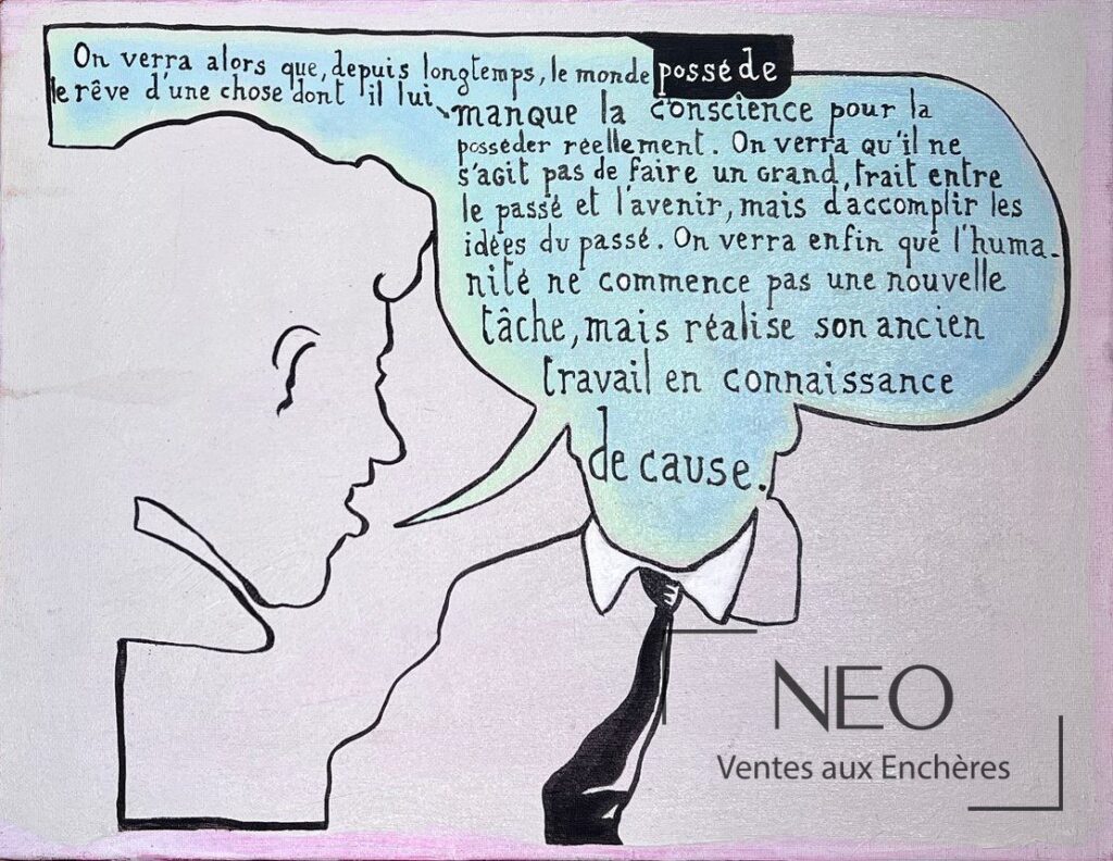 Composition de Jean-Michel Alberola avec profil dessiné et texte manuscrit dans une bulle bleutée