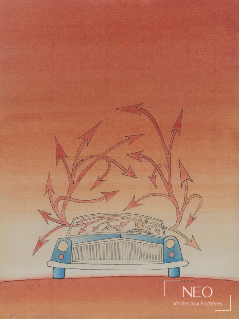 Aquarelle représentant une voiture bleue sous un ciel orangé parcouru de flèches rouges