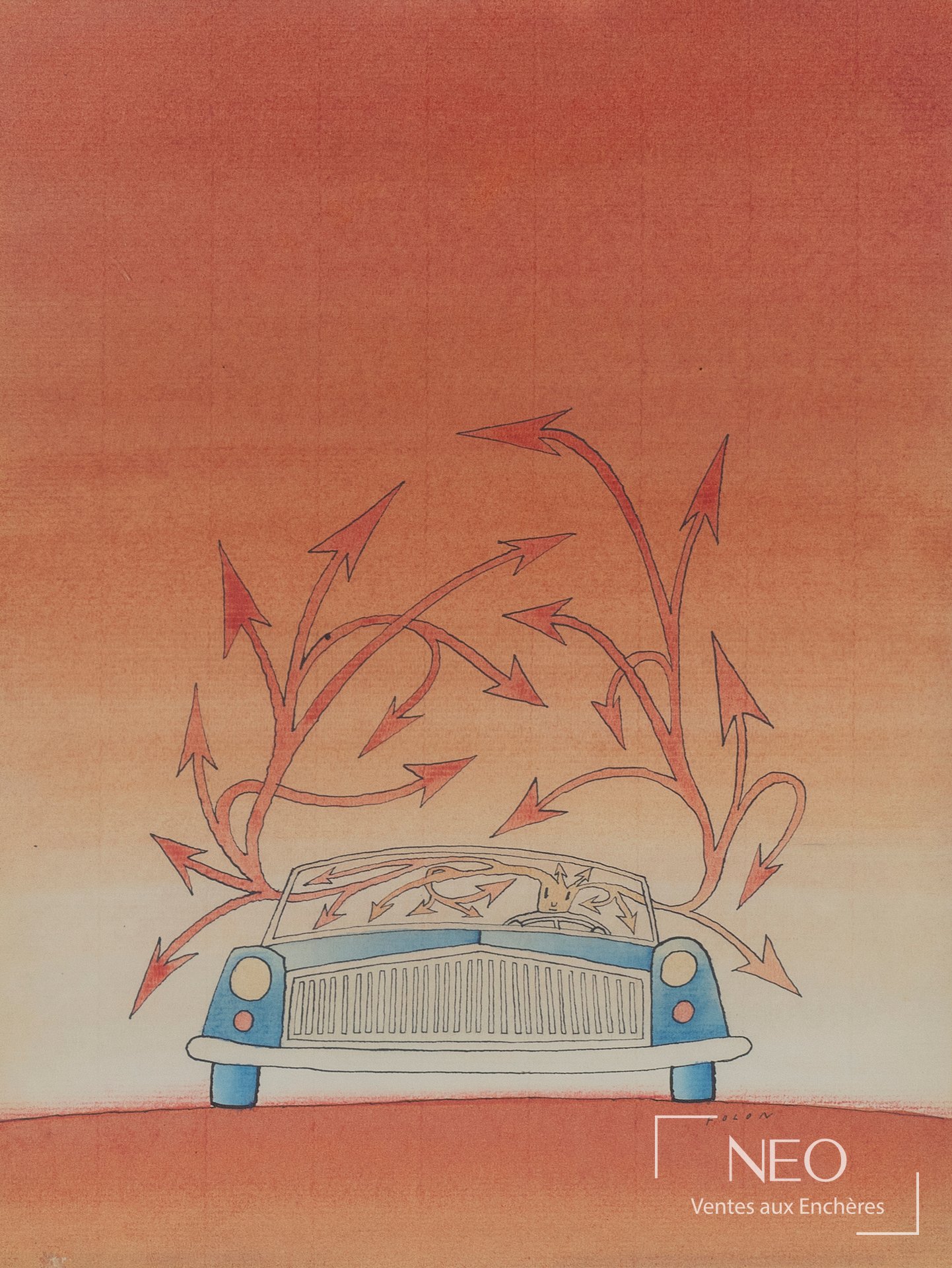 Jean-Michel Folon, La voiture bleue, aquarelle et encre sur papier