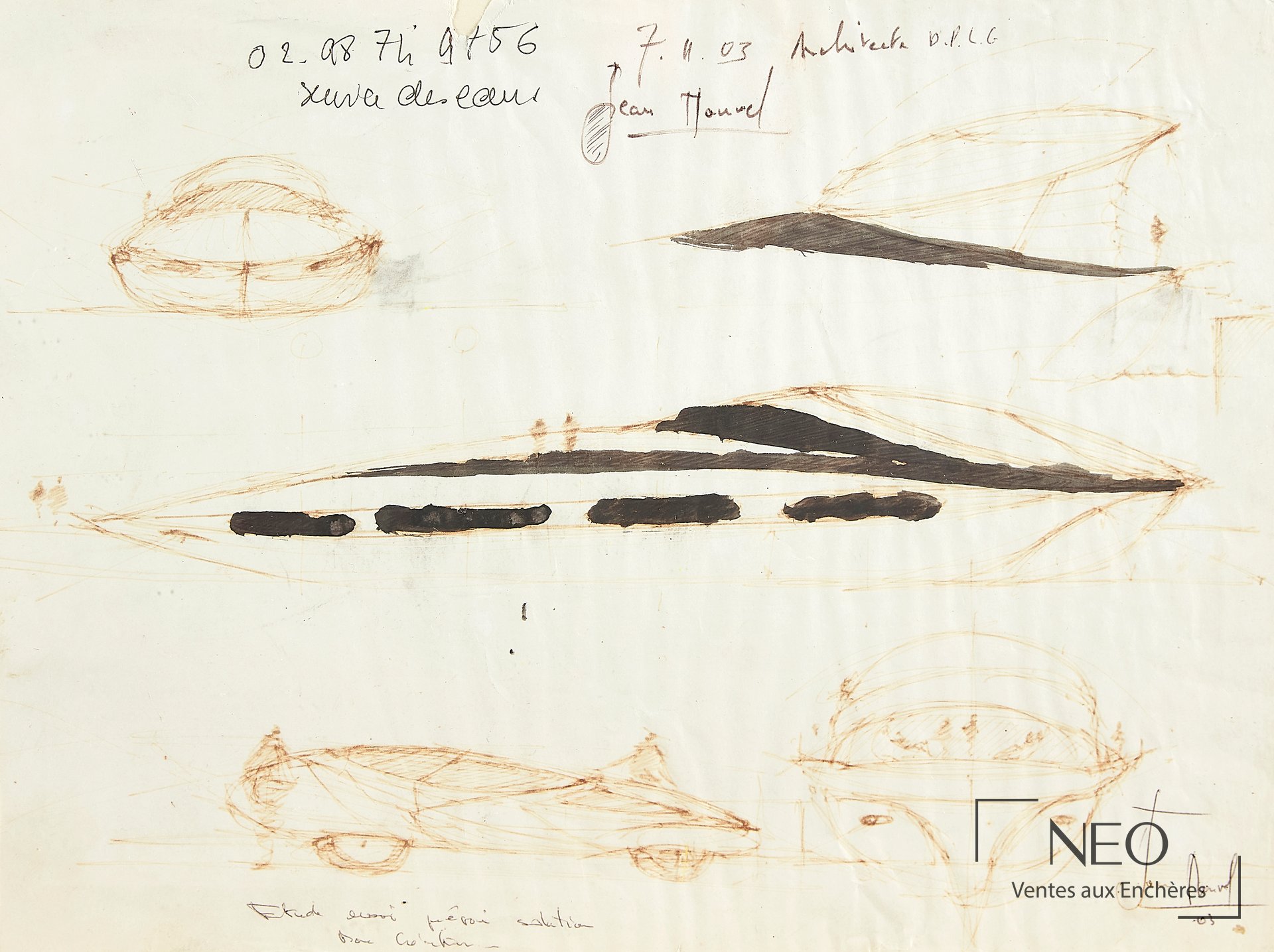 Composition de Jean Nouvel sur papier avec traits bruns et aplats noirs.