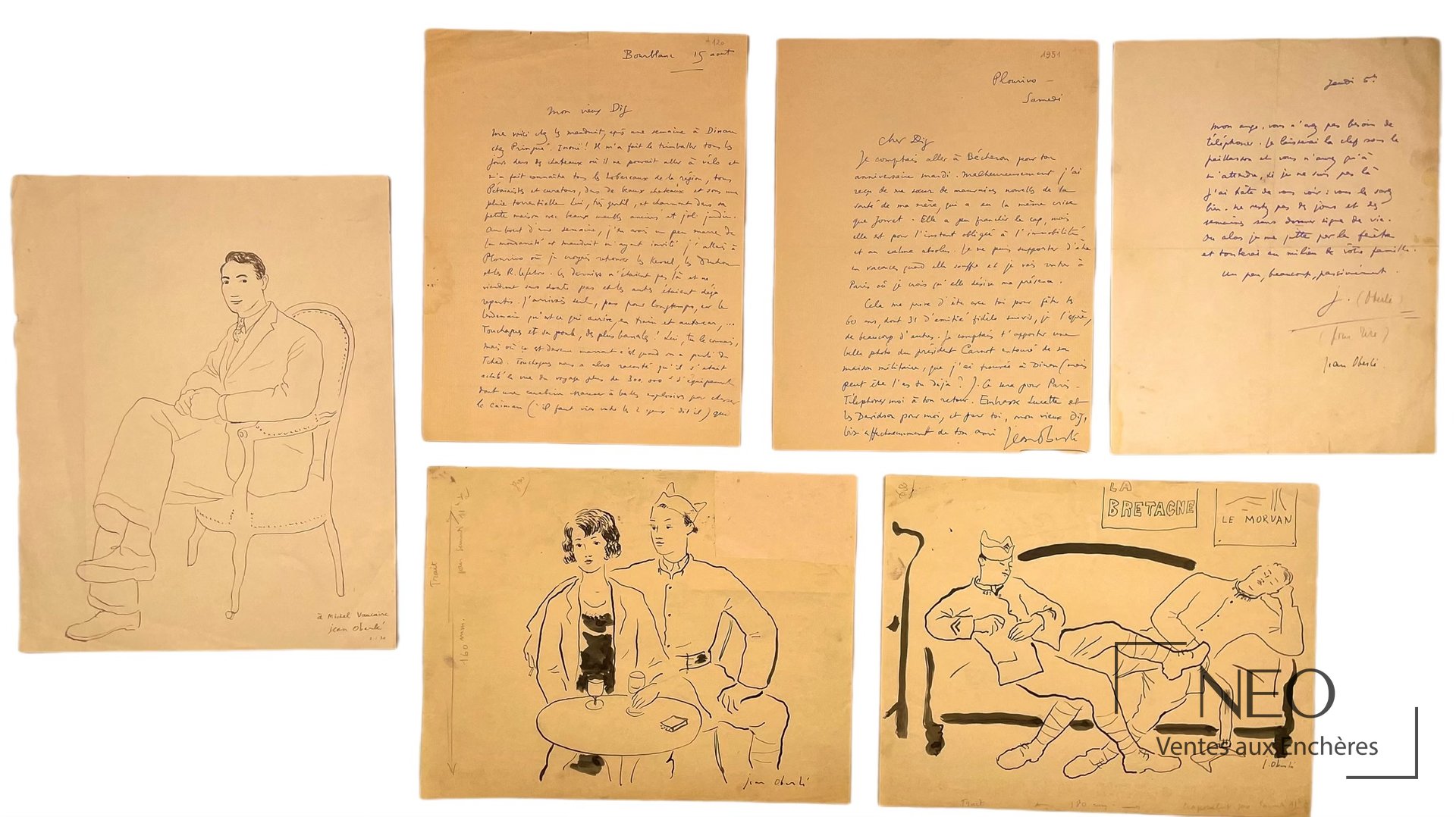 Ensemble de trois dessins et trois lettres autographes signées de Jean Oberlé